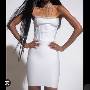 White Strapless Studded Bandage Dress -Akira